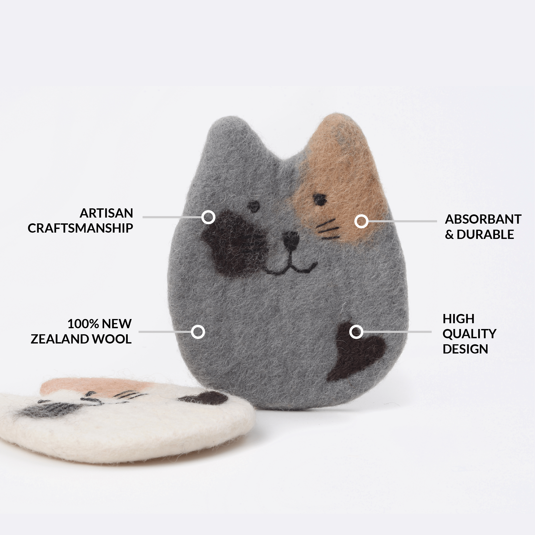 Felted Wool Cat Coasters Set - Cute Cat Gift Ages 3+