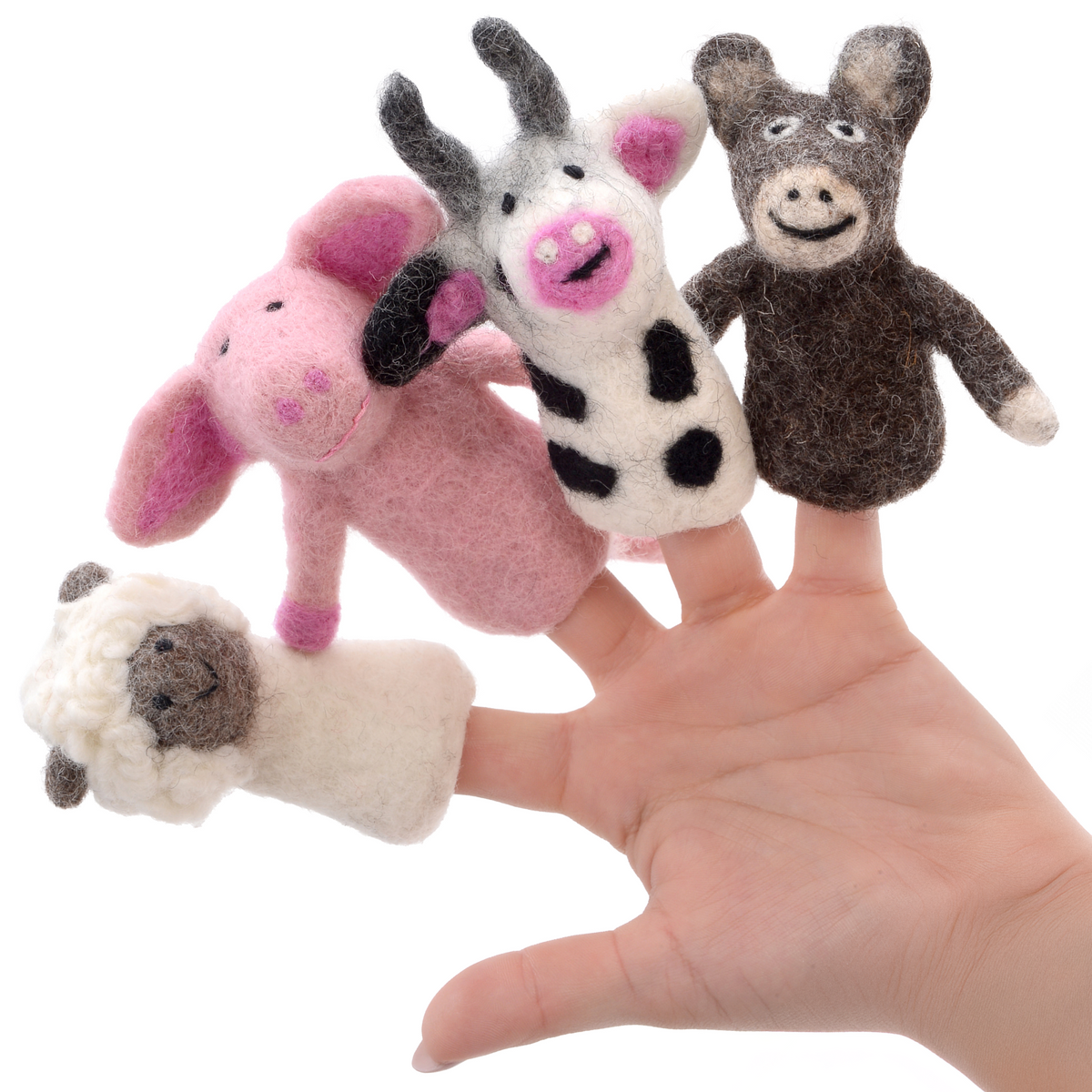 Farm Felted Foursome from OmaOmaOma — 4 hand-felted farm animal finger puppen on white background