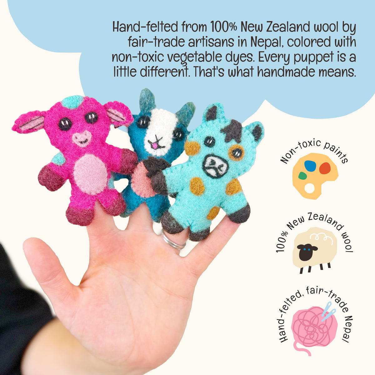OmaOmaOma Farm Friends Heartfelts credential strip — 100% New Zealand wool and child safe.