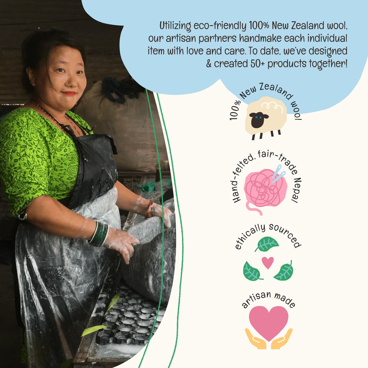 OmaOmaOma Farm Friends Heartfelts credential strip — 100% New Zealand wool, fair-trade Nepal.