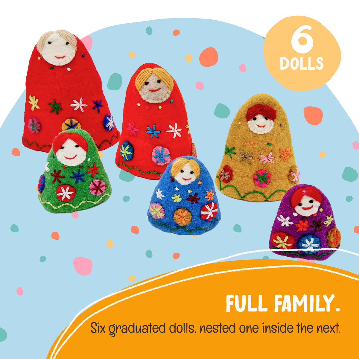 All 6 OmaOmaOma felted wool babushka nesting dolls lined up from largest to smallest