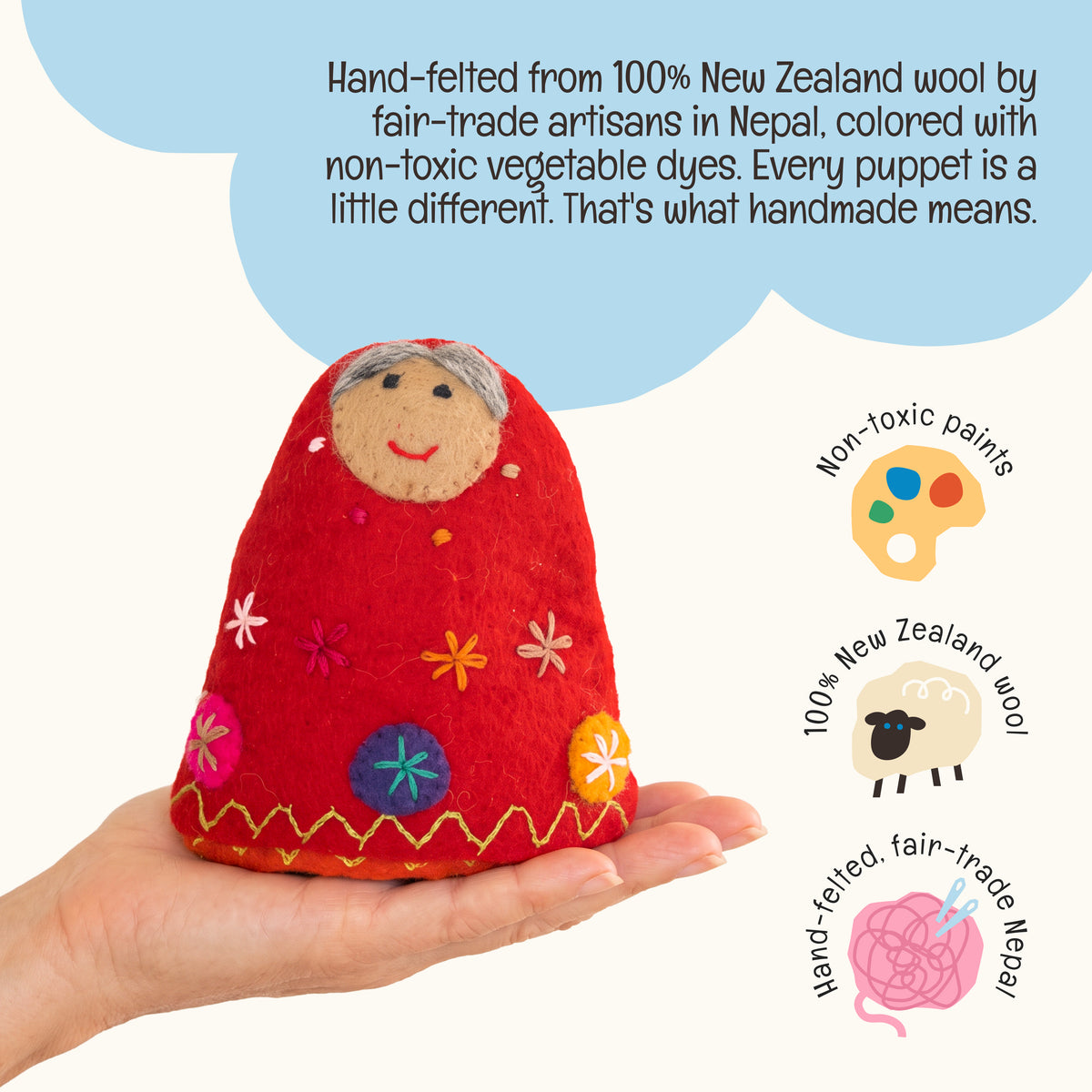 OmaOmaOma felted wool babushka dolls credential strip โ 100% New Zealand wool and child safe.