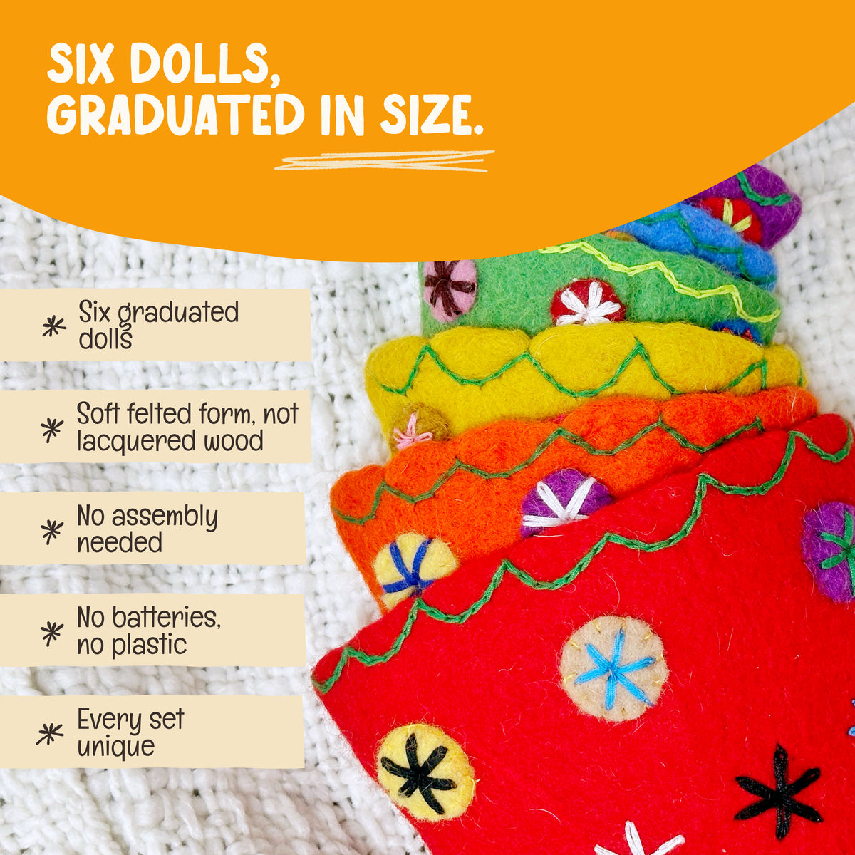 Close-up of hand-felted wool texture and stitching on the OmaOmaOma babushka nesting dolls