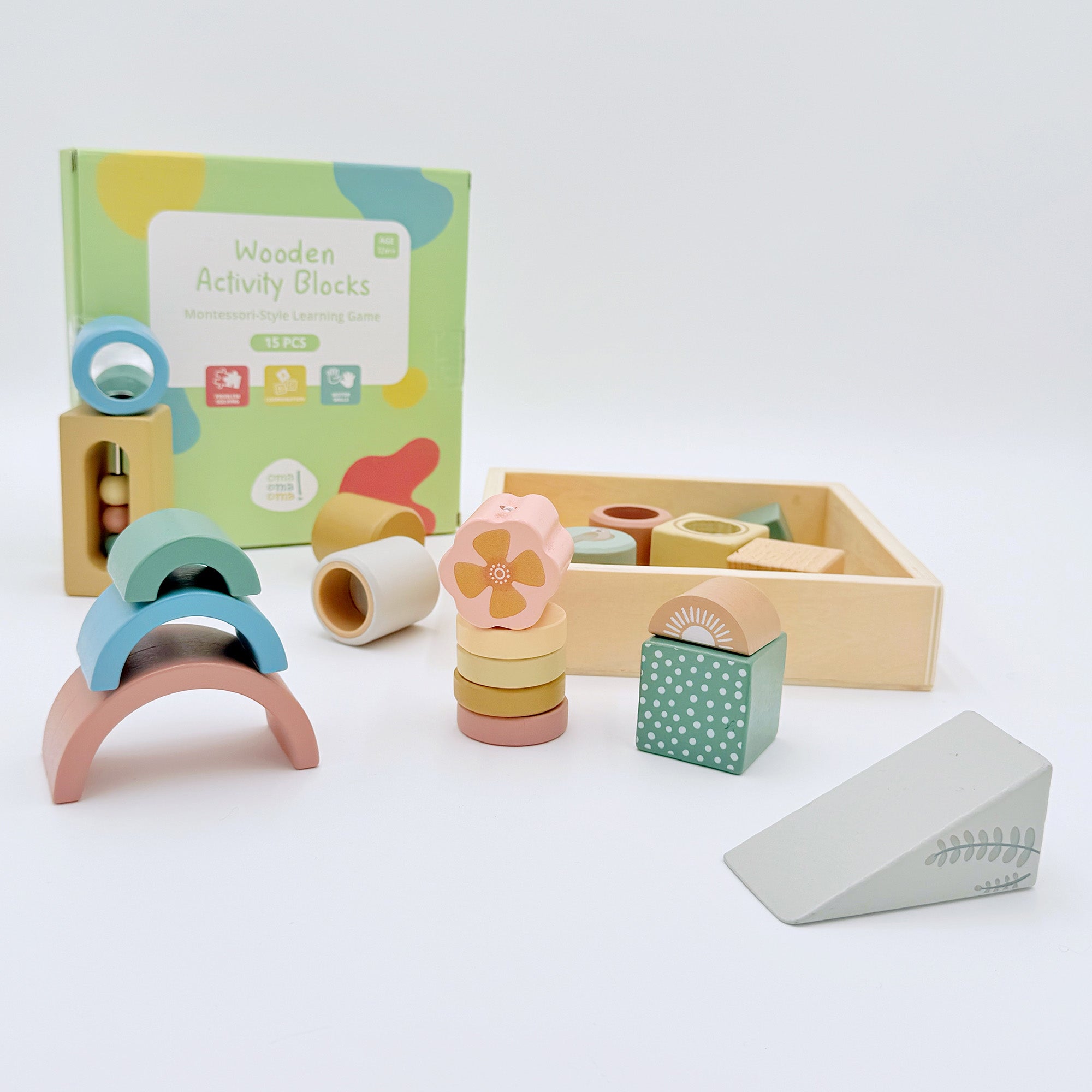 Wooden Activity Blocks 15pc - Interactive Sensory Blocks Ages 12m+