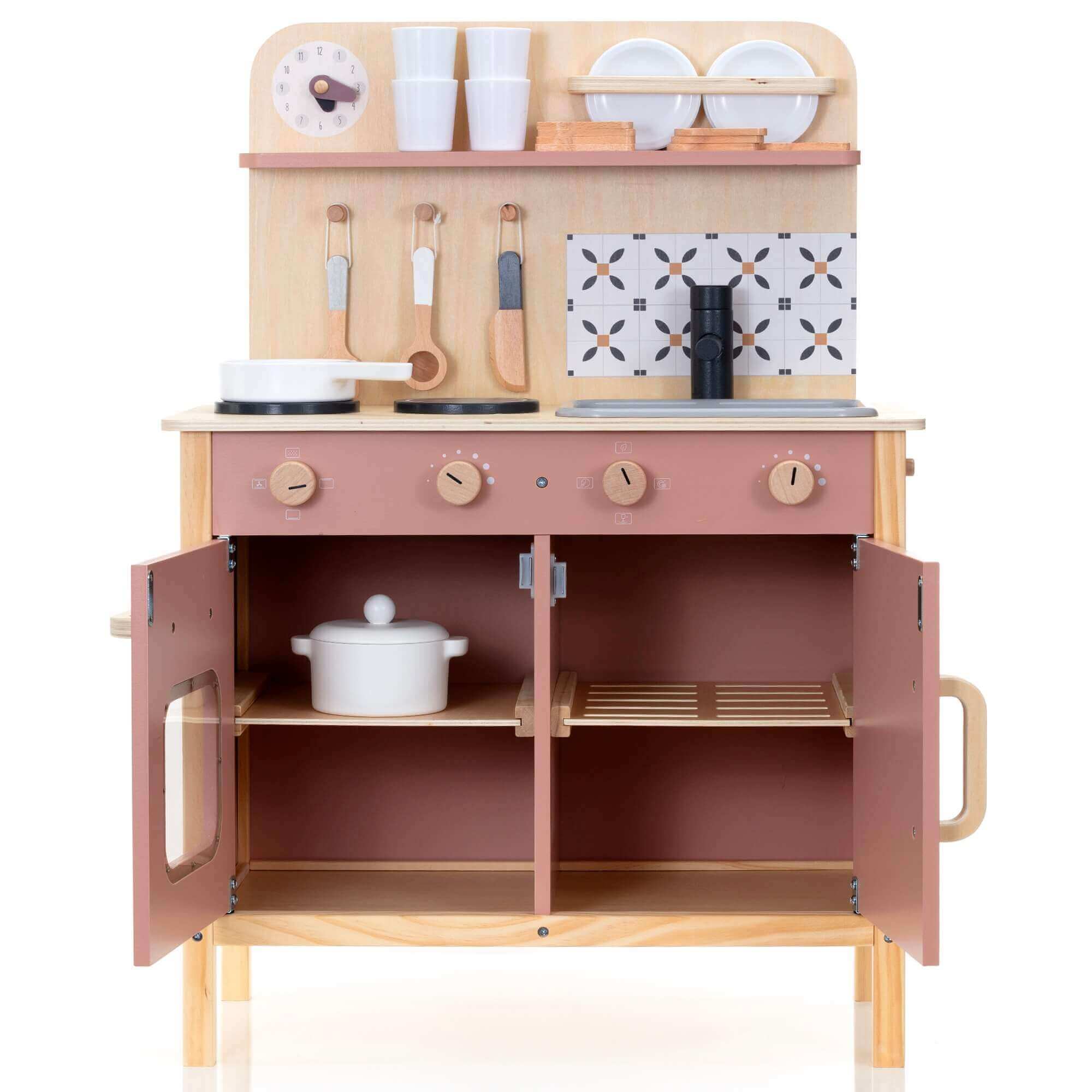 Wooden Play Kitchen Set - Montessori Pretend Cooking 22pc Ages 3+