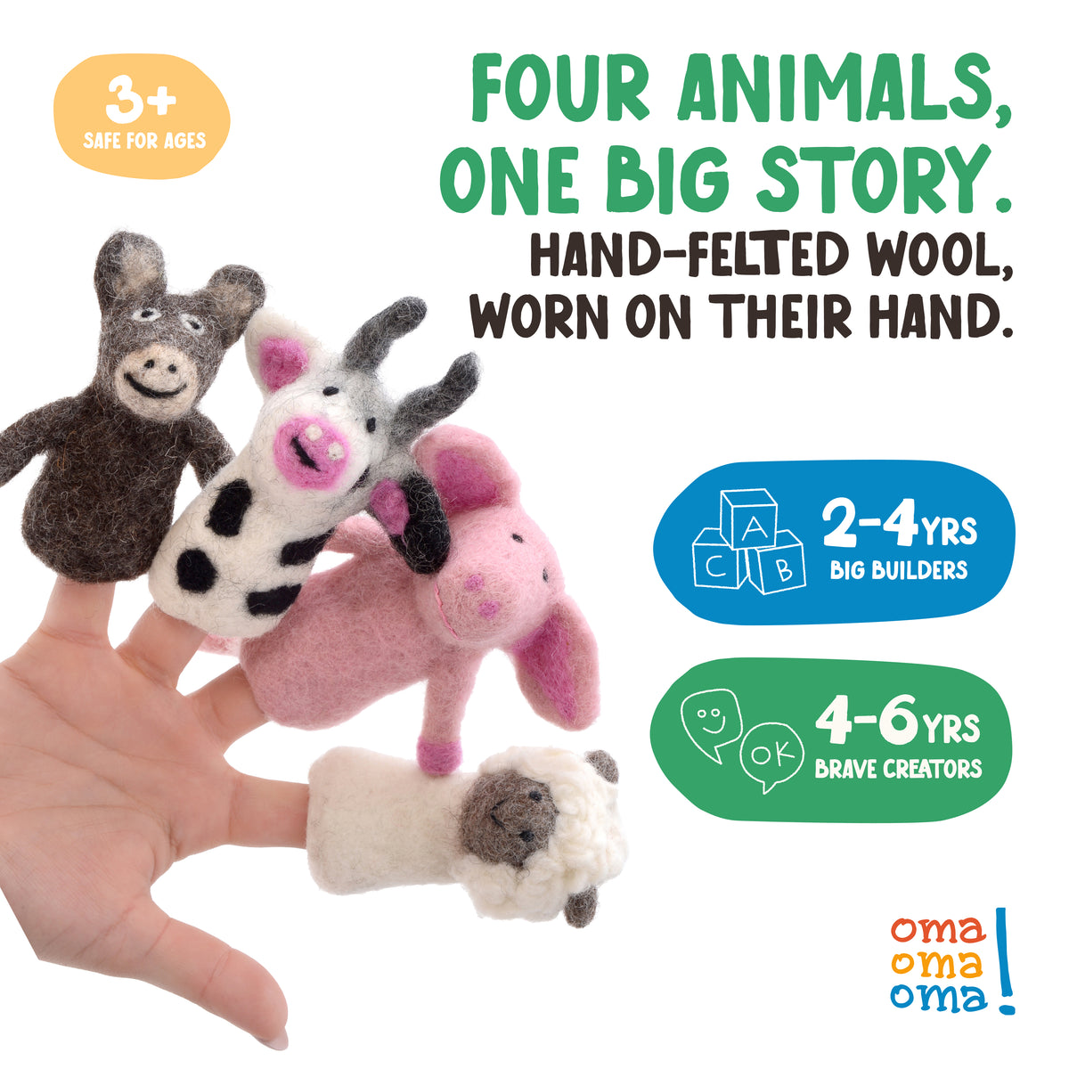 Farm Felted Foursome from OmaOmaOma — 4 hand-felted farm animal finger puppets in 100% New Zealand wool