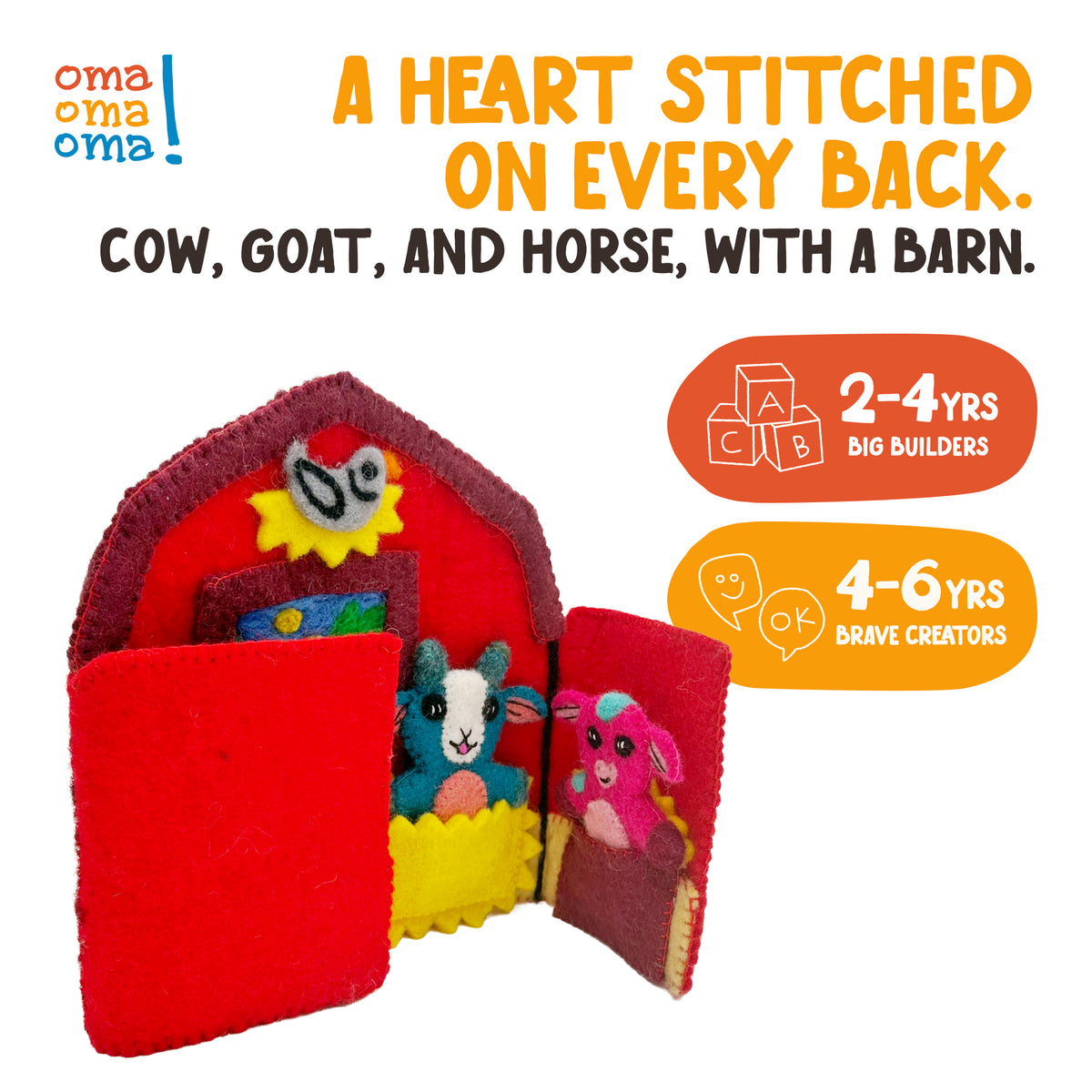 Farm Friends Heartfelts from OmaOmaOma — cow, goat, horse puppets and barn in hand-felted 100% New Zealand wool