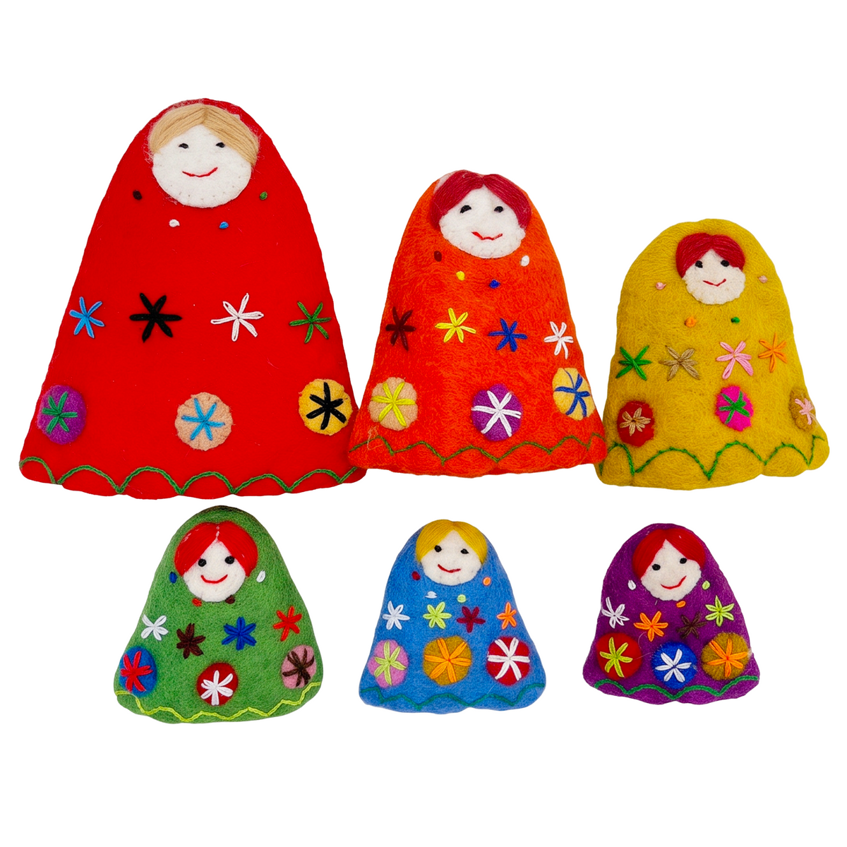 Felted wool babushka nesting dolls from OmaOmaOma on white bacground