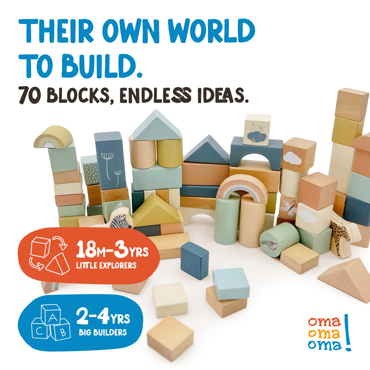 Wooden building blocks set from OmaOmaOma in FSC-certified wood โ 70-piece classic blocks for children ages 2+