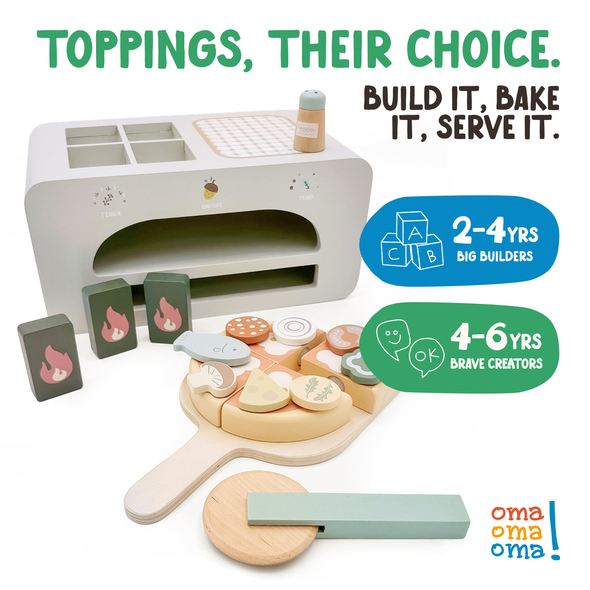 Wooden pizza oven play set from OmaOmaOma โ 19-piece pretend pizza toy in FSC-certified wood for ages 3+