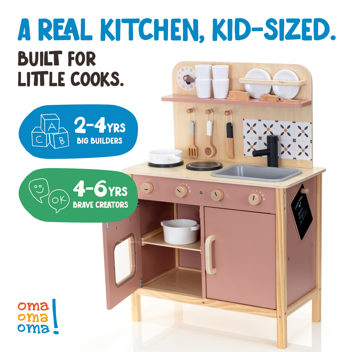 Wooden play kitchen from OmaOmaOma — toddler-scale pretend kitchen with stove, oven, sink in FSC-certified wood