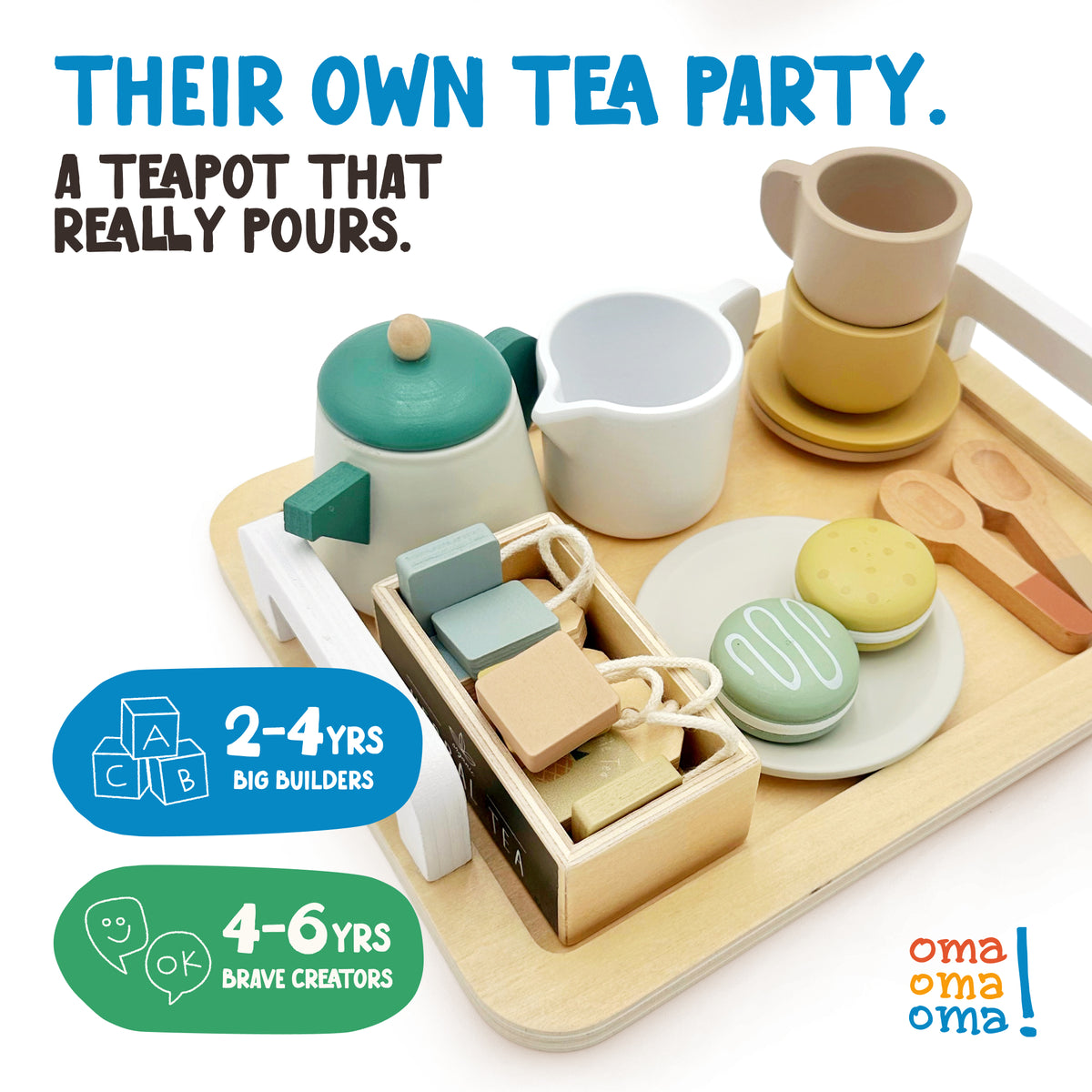 Wooden children's tea service from OmaOmaOma โ 19-piece keepsake tea party set in FSC-certified wood for ages 3+