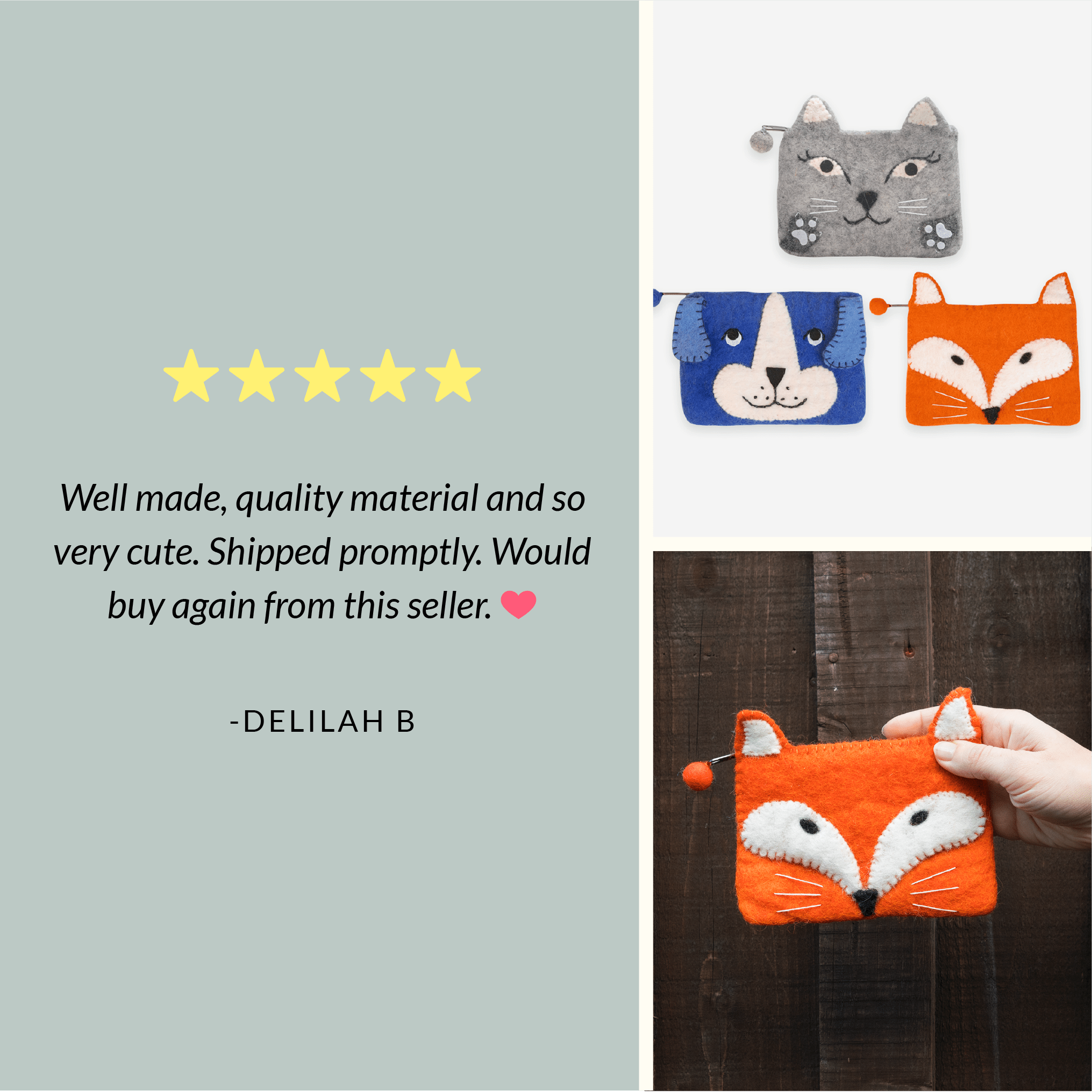 Felt Animal Zipper Bags - Cat, Dog & Fox Pouch Trio Ages 3+