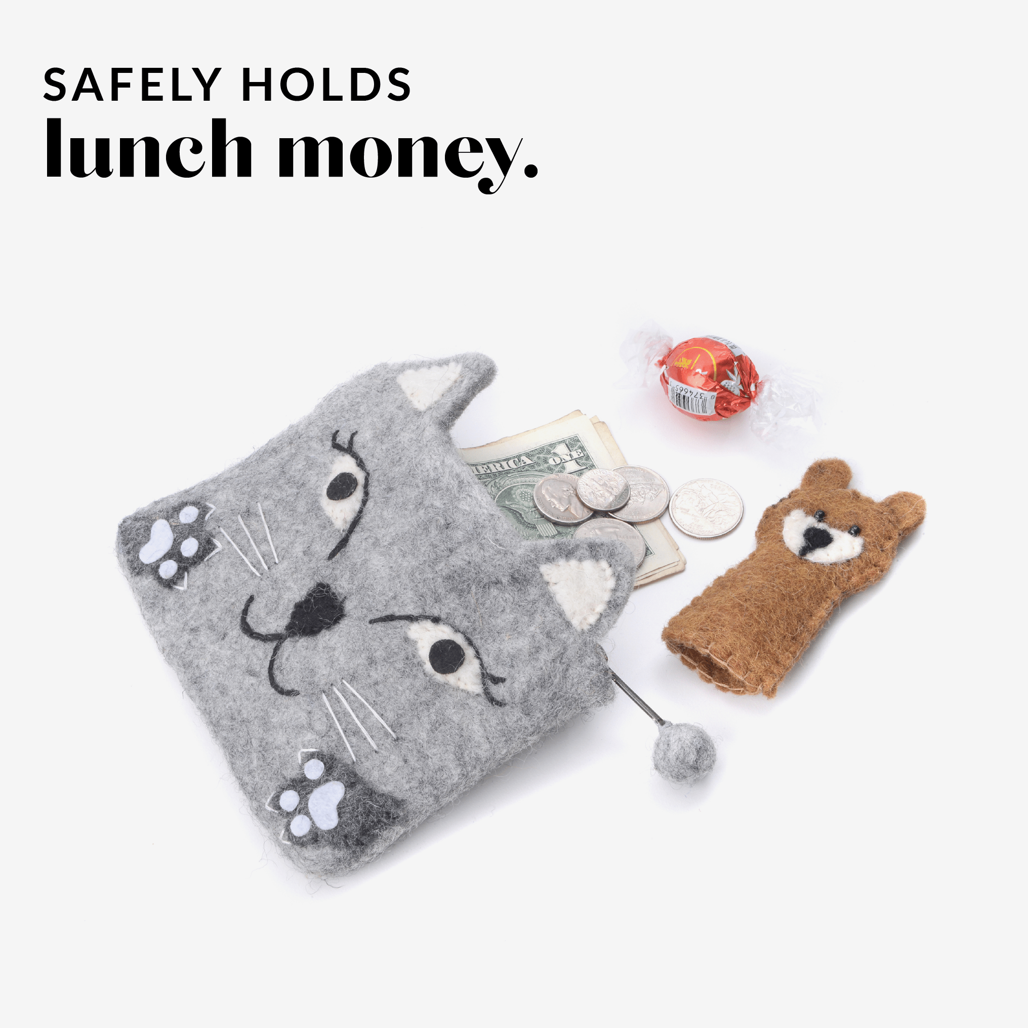 Felt Animal Zipper Bags - Cat, Dog & Fox Pouch Trio Ages 3+