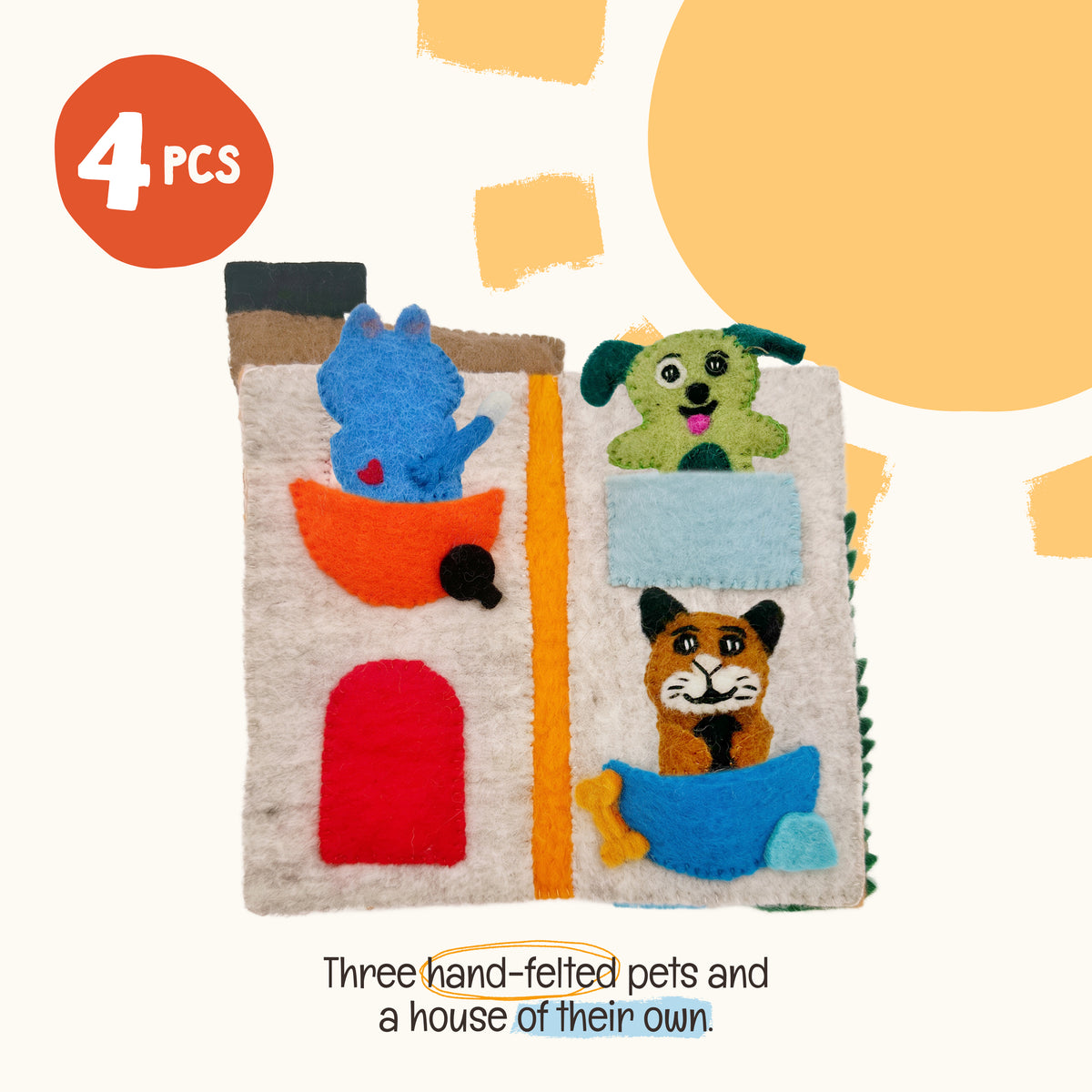 Pet Pals Heartfelts — Hand-Felted Finger Puppet Set with Pet House | OmaOmaOma