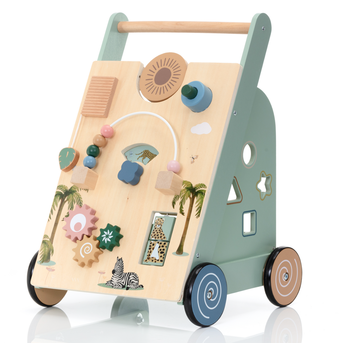 Wooden baby push walker from OmaOmaOmaon a plain white background.