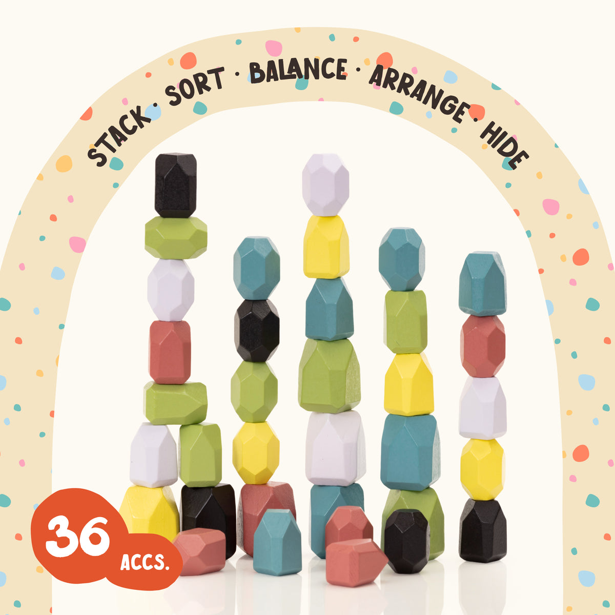 All 36 OmaOmaOma wooden balance stones arranged in three graduated sizes — 8 large, 16 medium, 12 small
