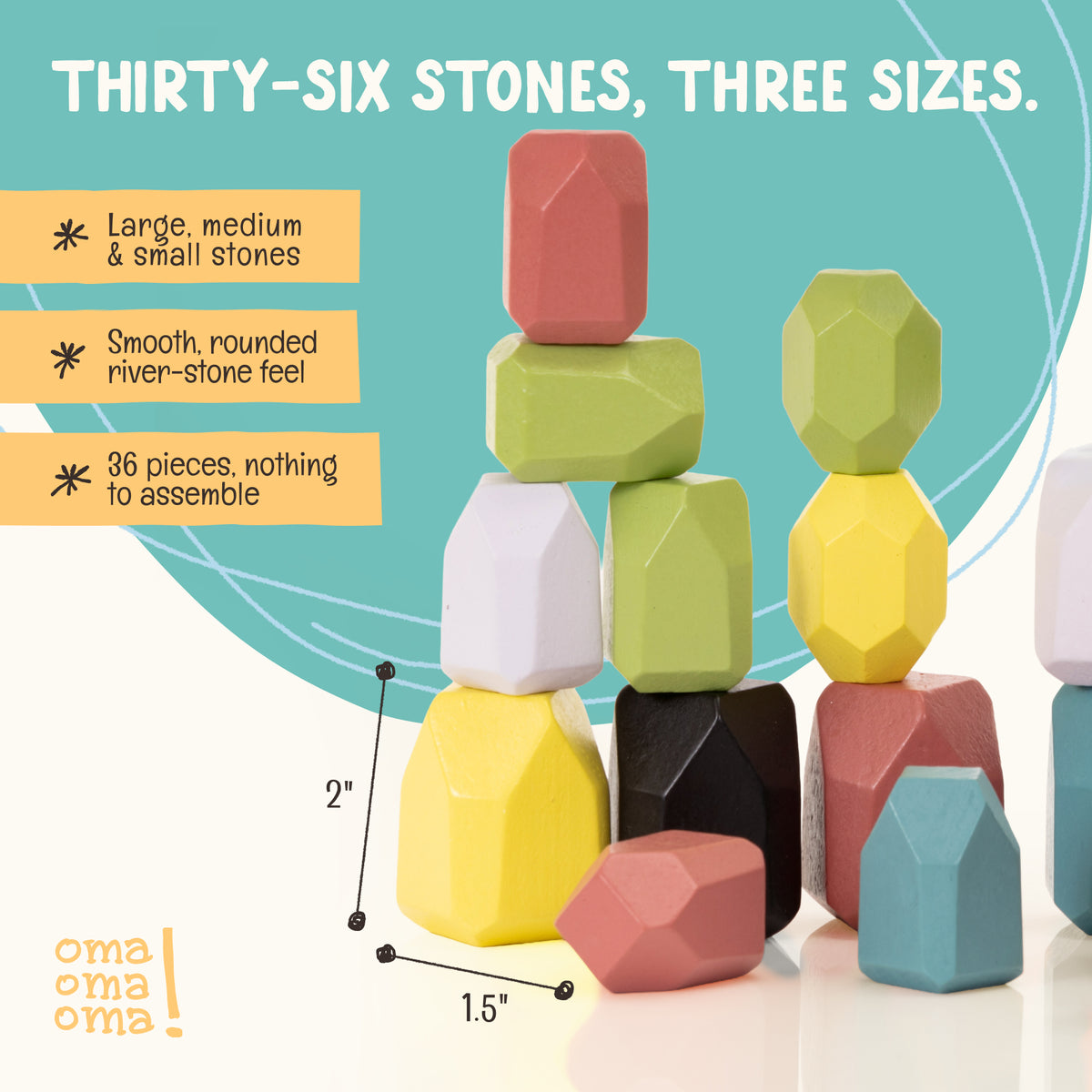 Dimensions of largest OmaOmaOma wooden balance stone - showing three graduated sizes — large, medium, small