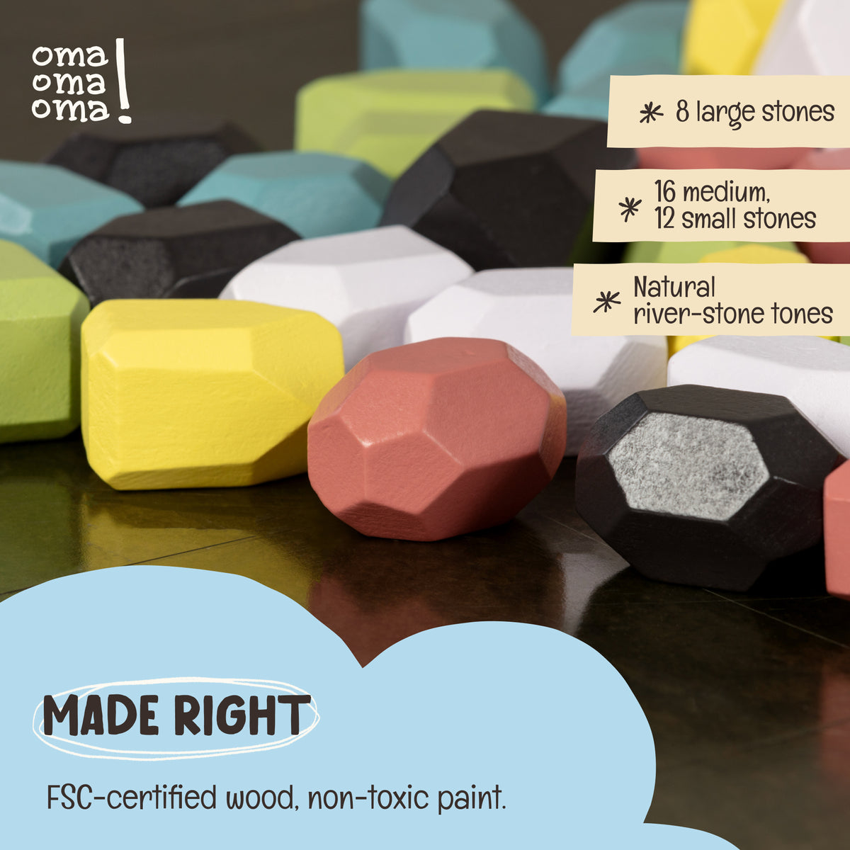 Close-up of FSC-certified wood and natural-tone water-based paints on the OmaOmaOma wooden balance stones