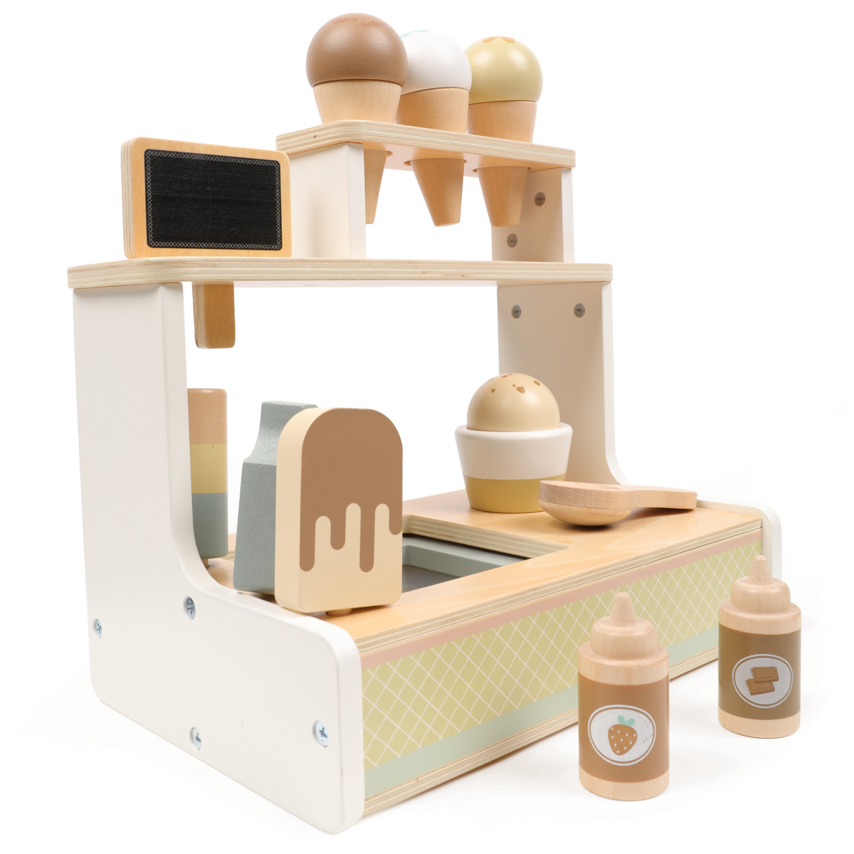 Wooden toy ice cream set with cones, spoons, and bottles on a white background