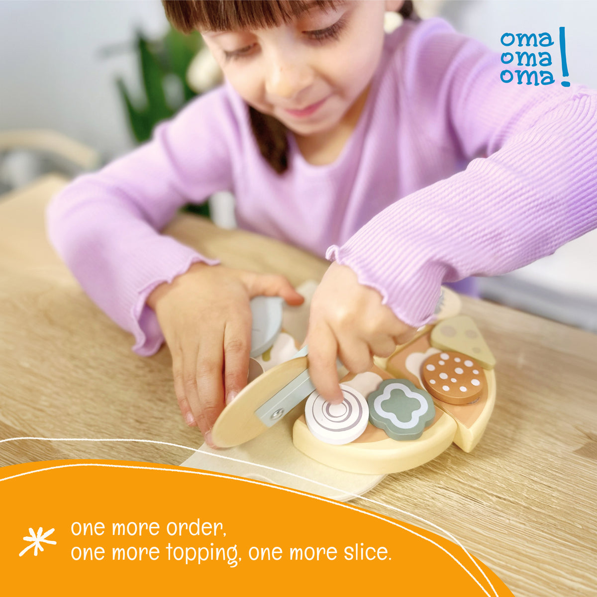 Child assembling a pretend pizza at the OmaOmaOma wooden pizza oven play set