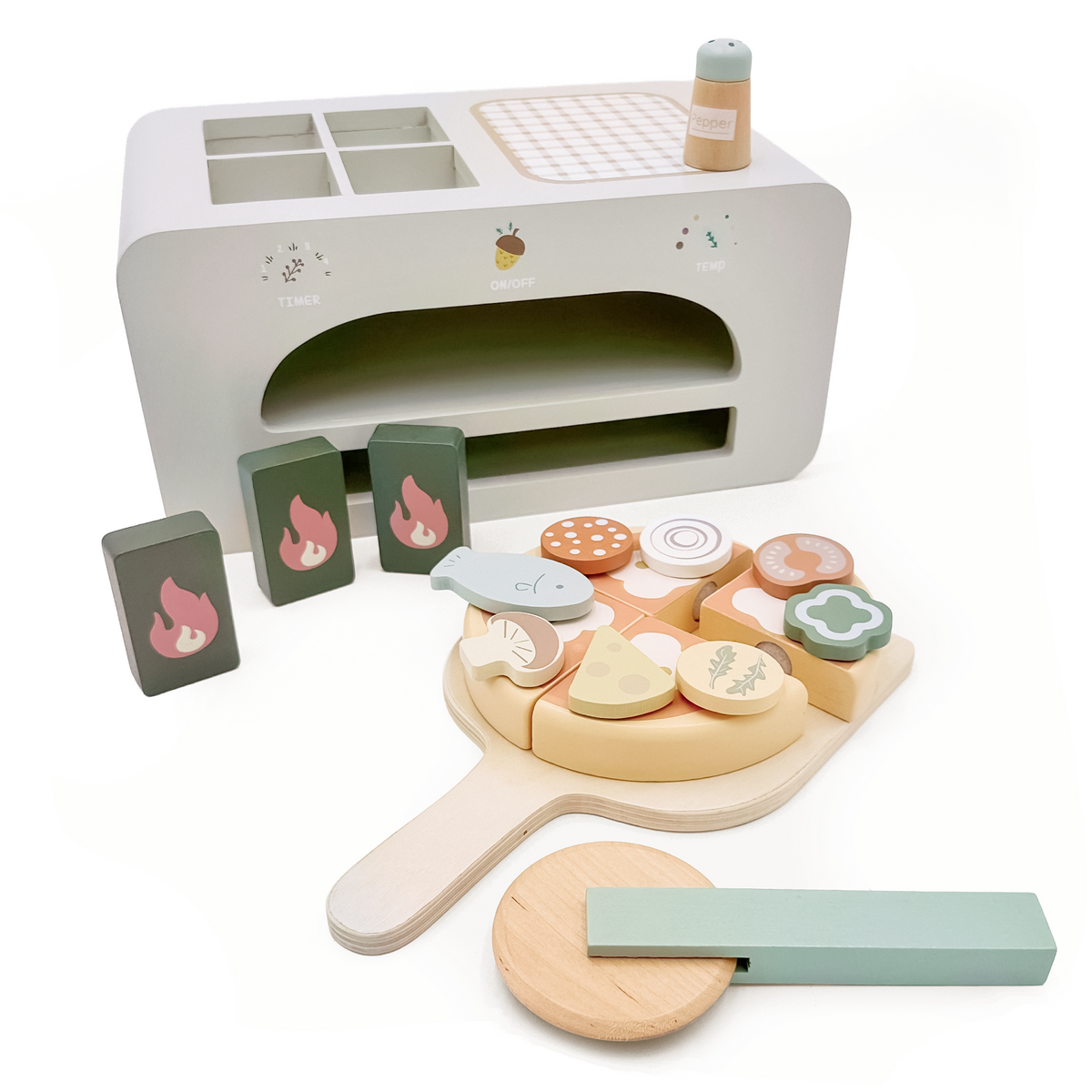 Wooden pizza oven play set from OmaOmaOma on white background.