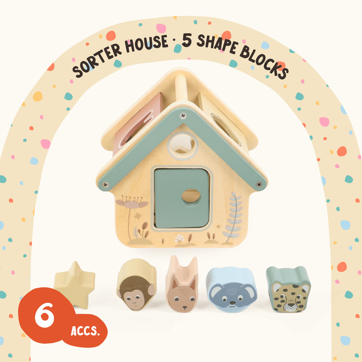The OmaOmaOma wooden shape sorter house with all 5 animal shape blocks laid out in FSC-certified wood