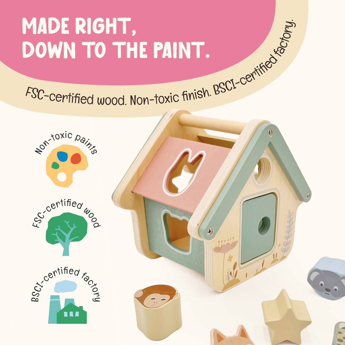 OmaOmaOma wooden shape sorter credential strip — FSC wood, non-toxic paints, BSCI factory