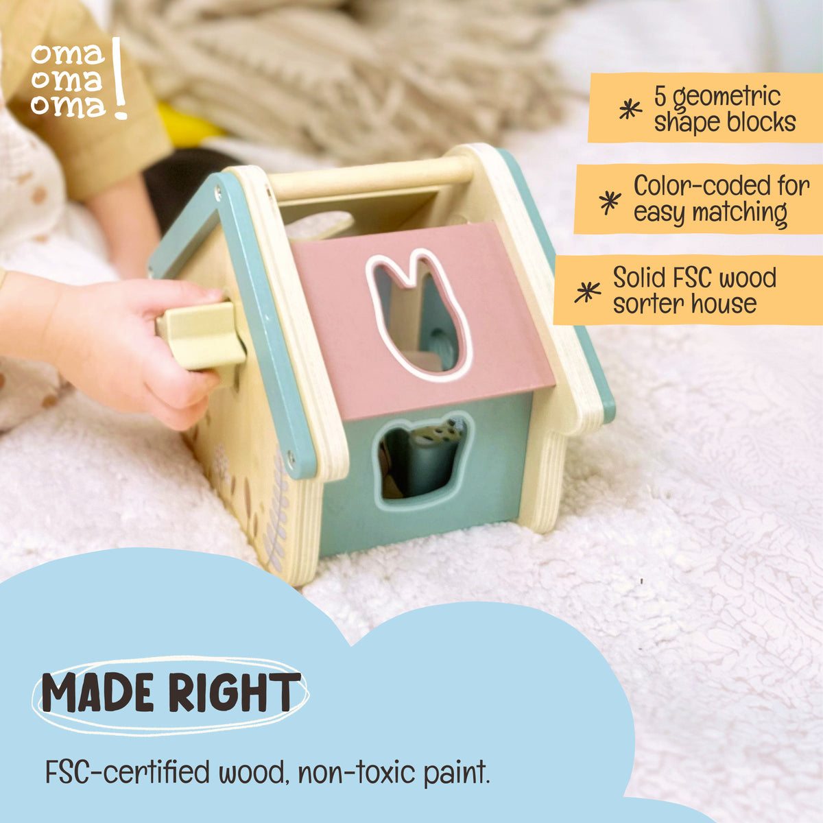 Close-up of the FSC-certified wood house and water-based non-toxic paint on the OmaOmaOma wooden shape sorter.