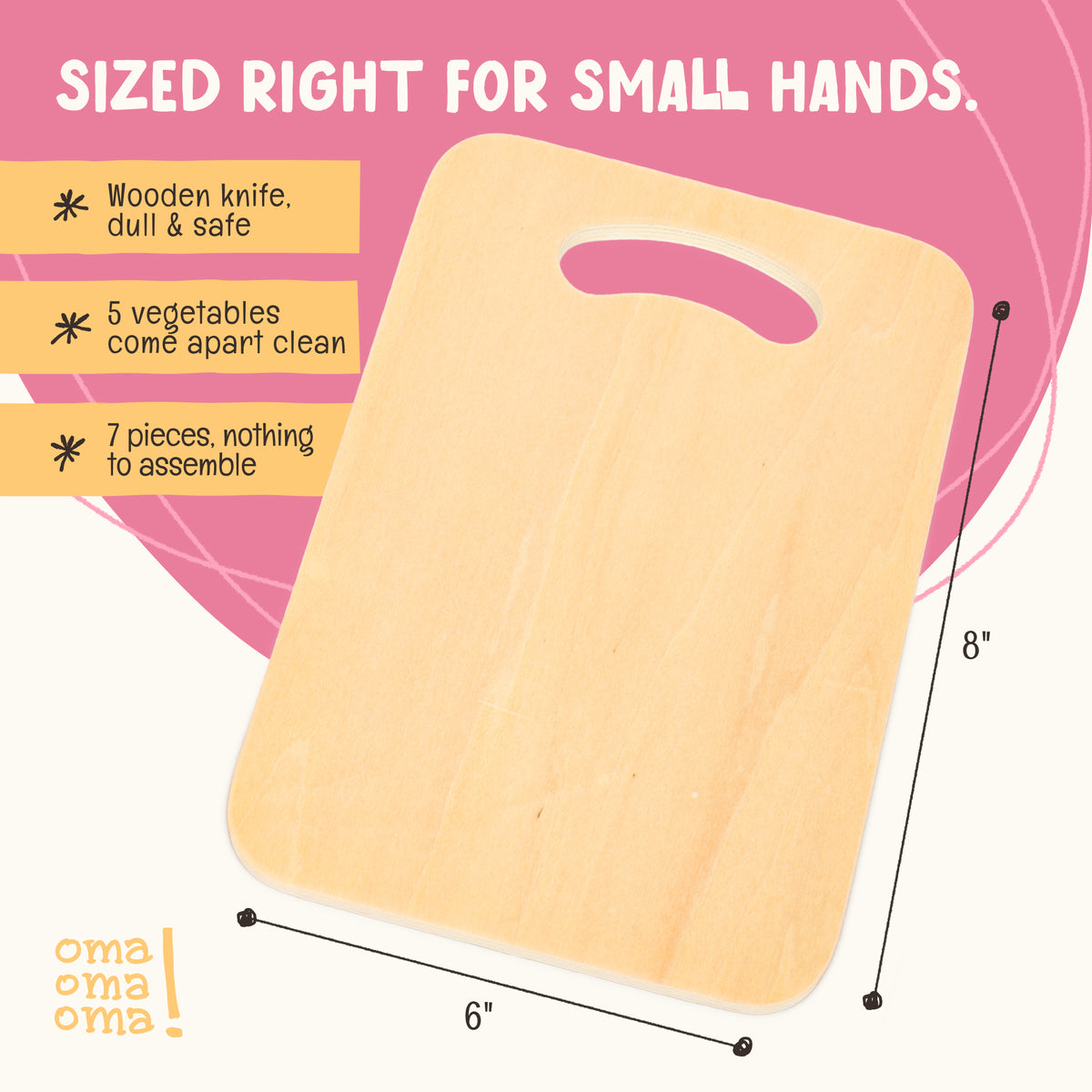 Wood cutting board from the OmaOmaOma wooden vegetable cutting set showing dimensions - 8" by 6"