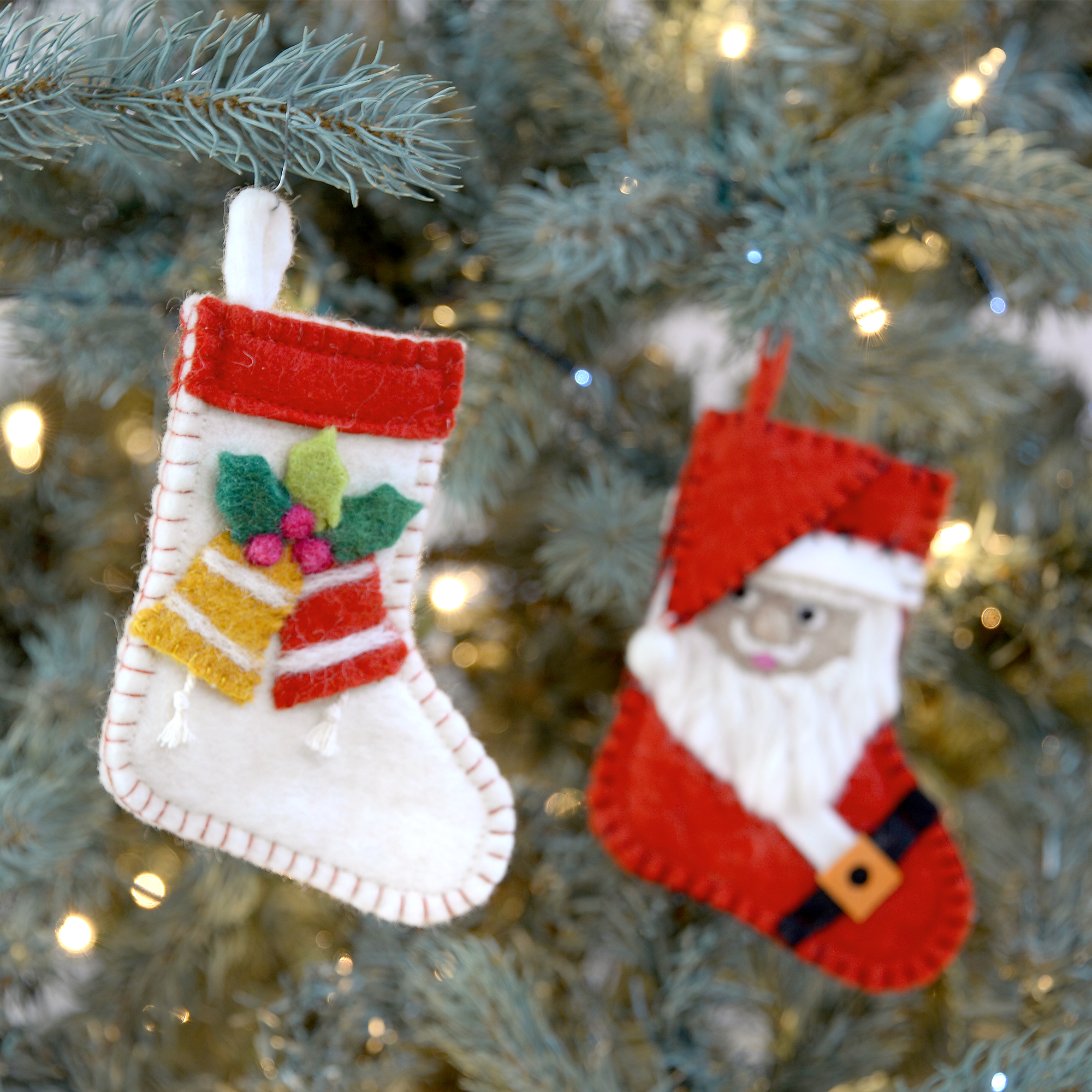 Santa + Holly Stocking Ornament Set | Felted Wool Christmas Tree Ornament | Primitive Christmas Farmhouse Ornament