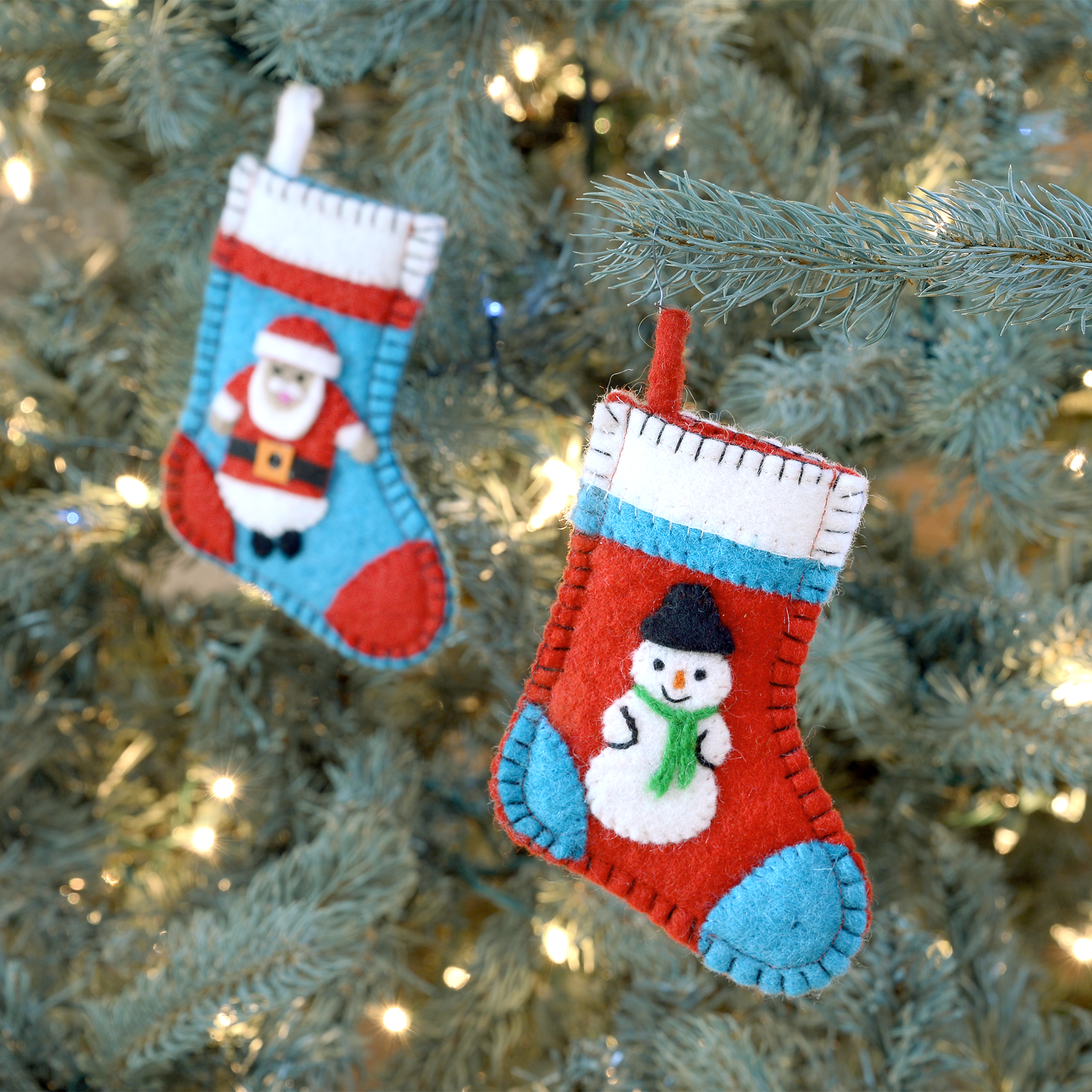 Santa and Snowman Stocking Ornament Set | Felted Wool Christmas Tree Ornament | Primitive Christmas Farmhouse Ornament