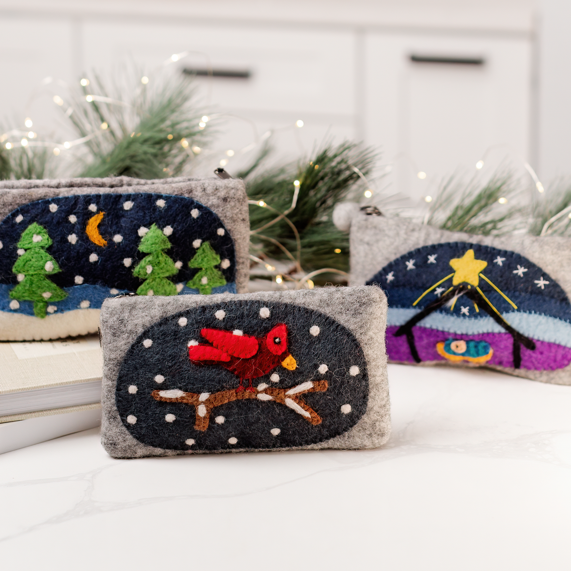 Winter Scene Zipper Pouch Trio | Felted Wool Accessory Pouches for Purse | Great Girlfriend Gift or Teacher Gift