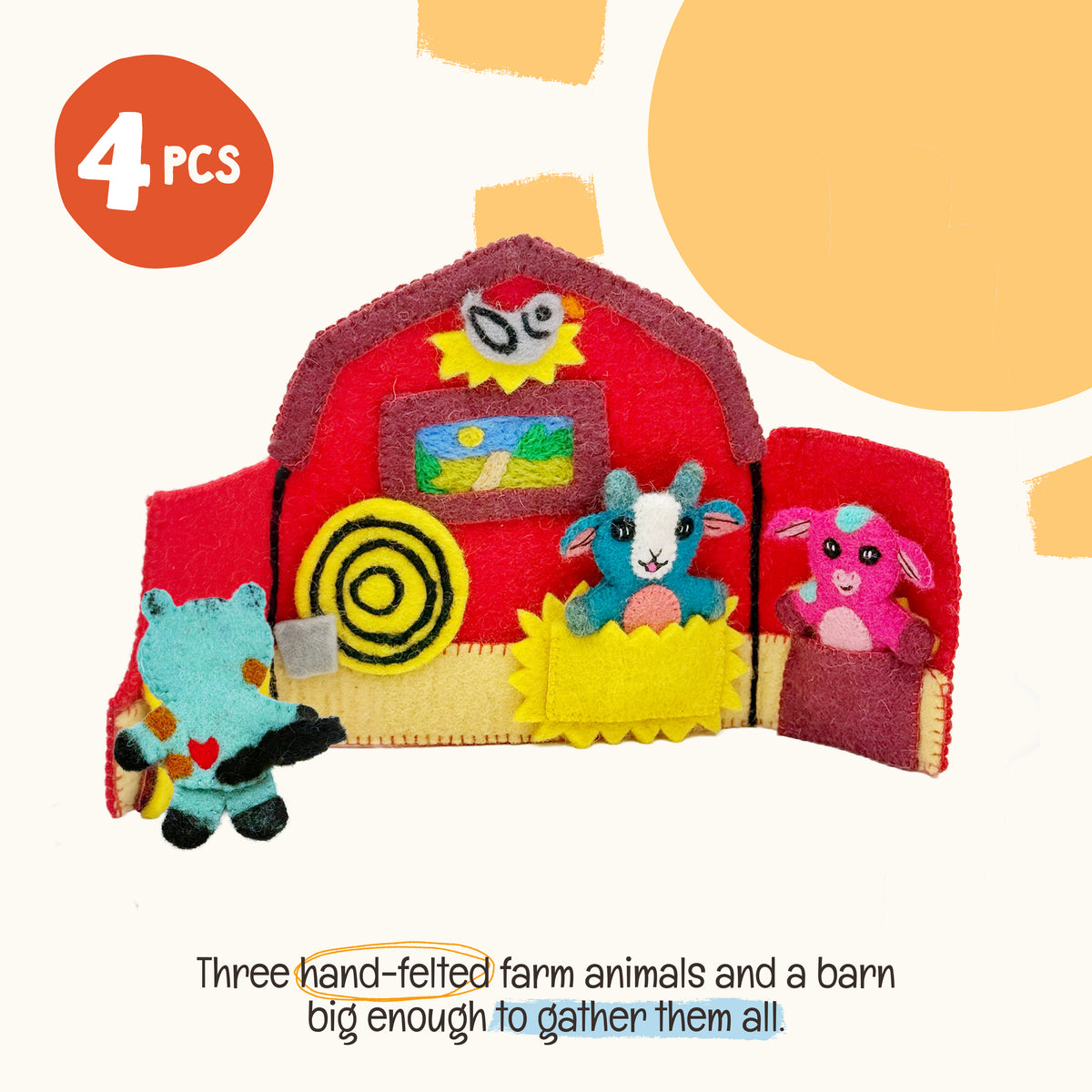 All 4 pieces of the OmaOmaOma Farm Friends Heartfelts set — cow, goat, horse, and barn