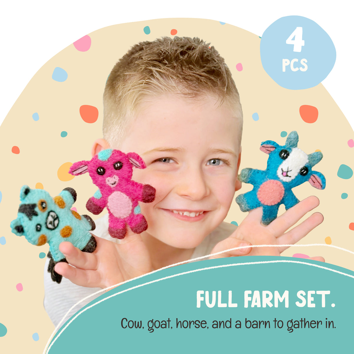 Three-year-old telling a farm story with the OmaOmaOma Farm Friends finger puppets and barn
