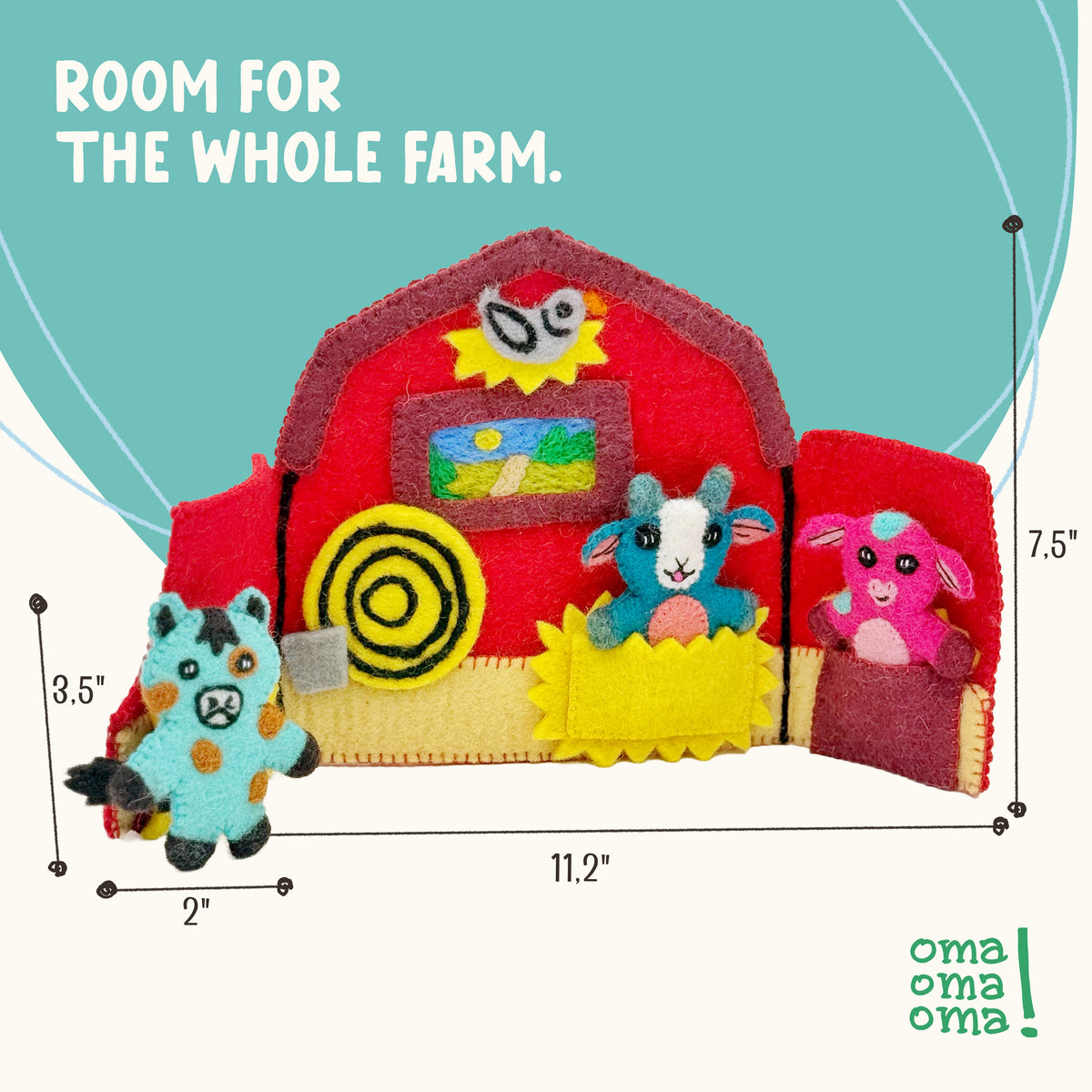 The OmaOmaOma Farm Friends puppets showing 3-inch scale and 11.5-inch open barn