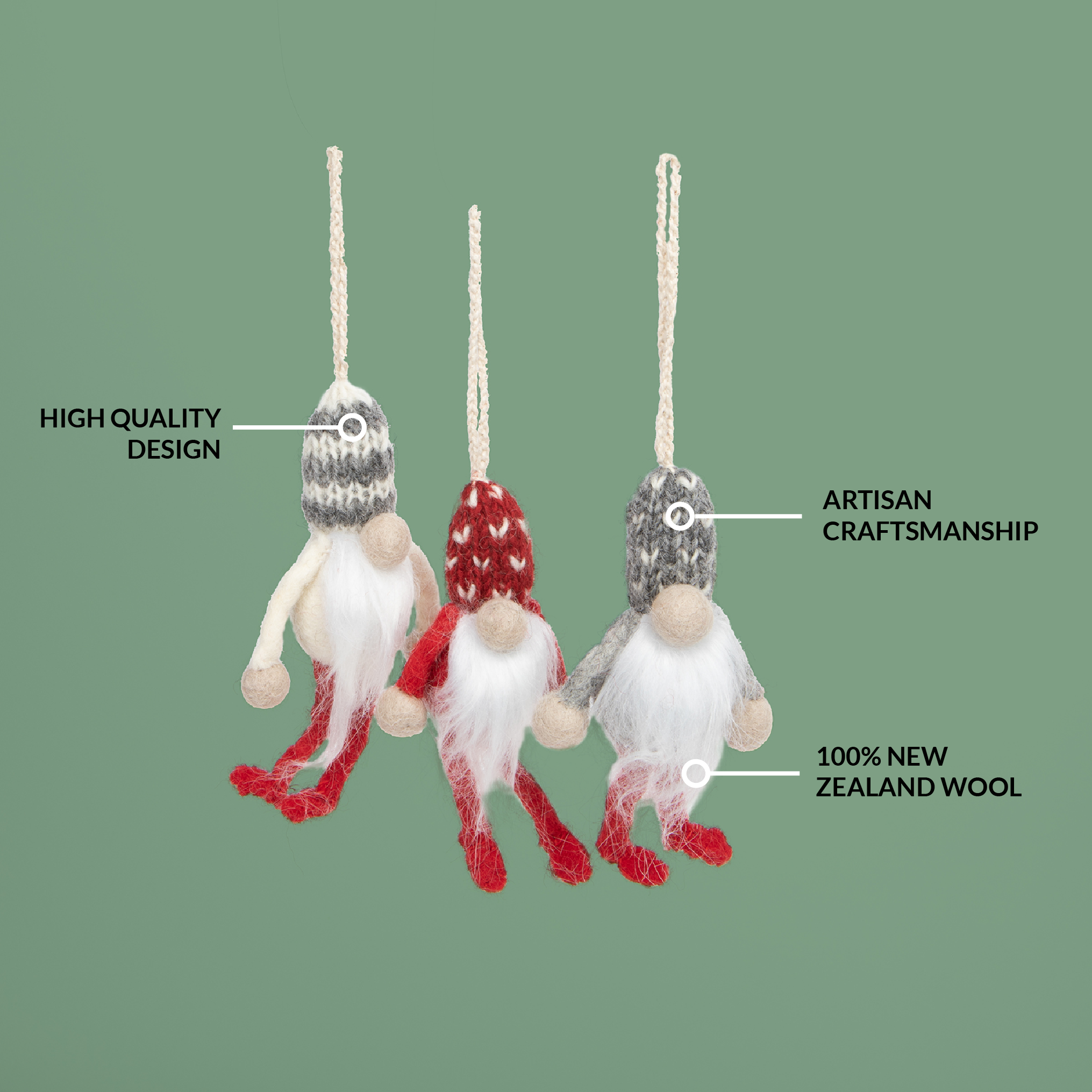 Dancing Gnomes Christmas Ornament Set | Felted Wool Christmas Tree Ornament | Primitive Christmas Farmhouse Ornament