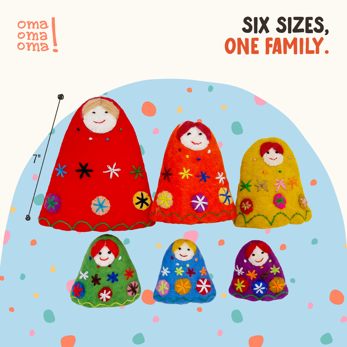 Dimensopn next to the OmaOmaOma felted wool babushka nesting dolls showing 7-inch height for the largest