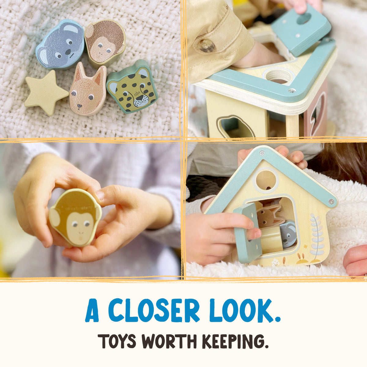 Four closeup pictures of the Wooden shape sorter from OmaOmaOma in FSC-certified wood.