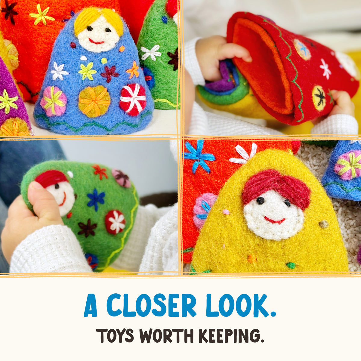 Four closeup views of the felted wool babushka nesting dolls from OmaOmaOma!