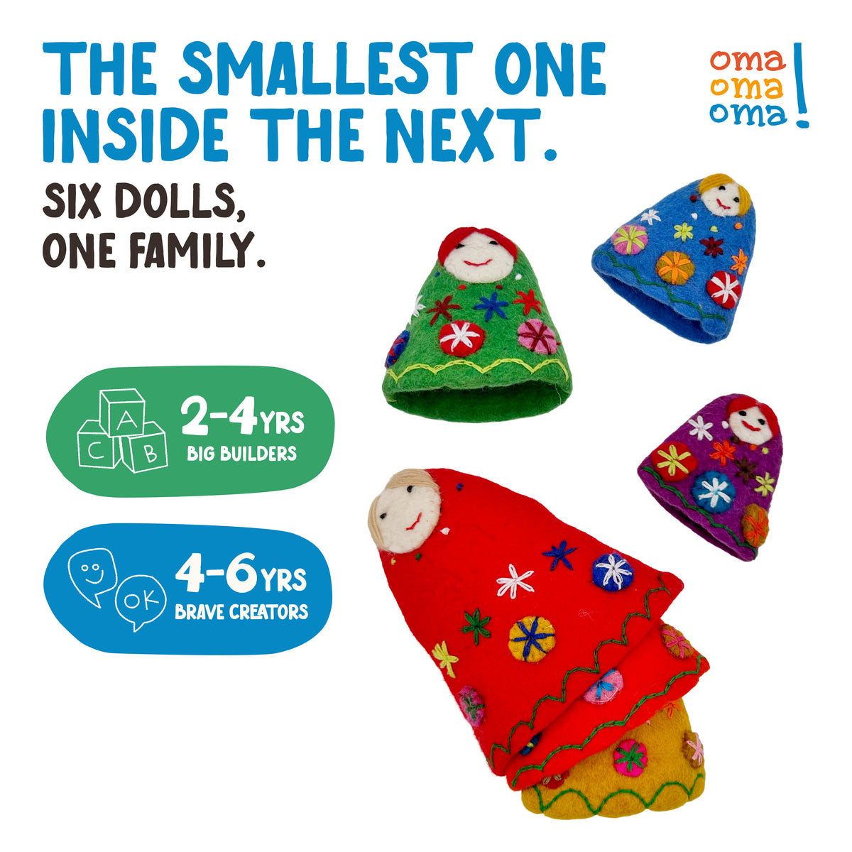 Felted wool babushka nesting dolls from OmaOmaOma — hand-felted set of 6 in 100% New Zealand wool
