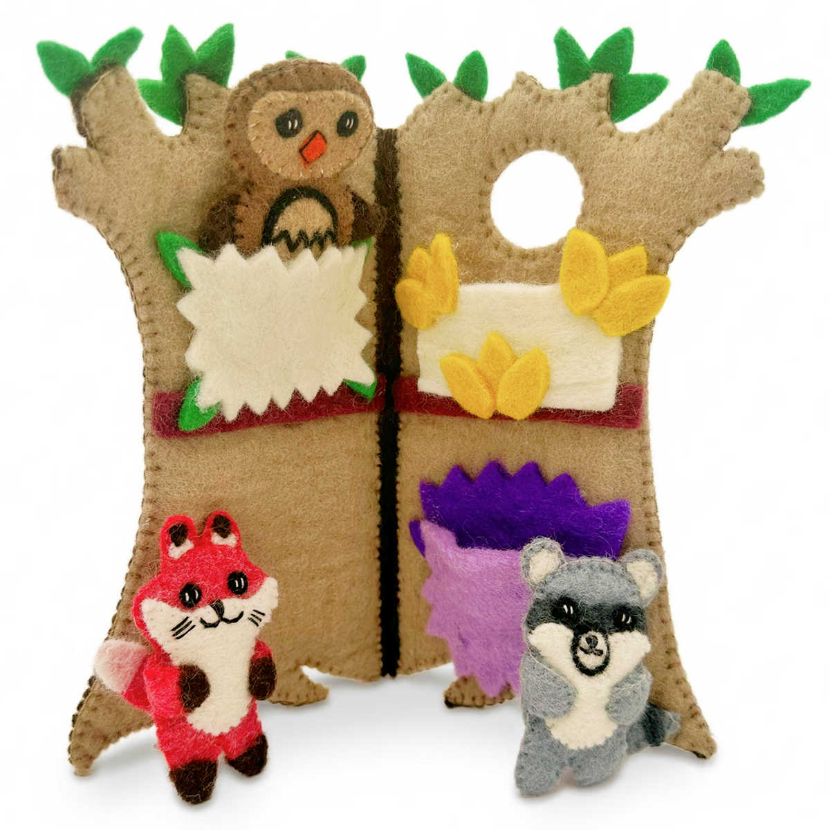 Forest Friends Heartfelts from OmaOmaOma — owl, fox, raccoon puppets and tree house on white background
