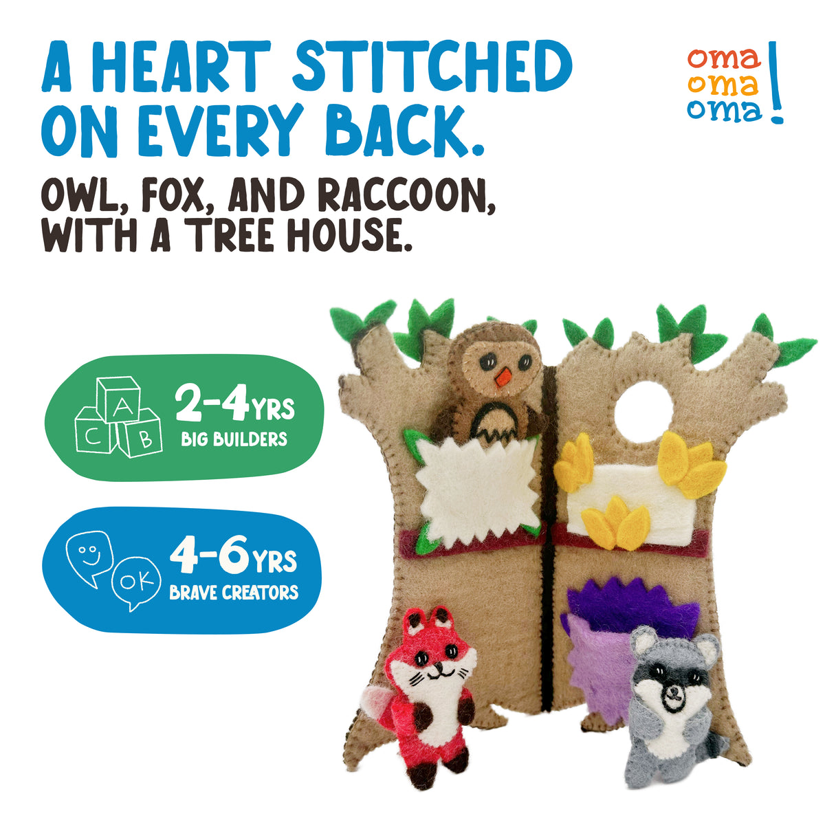 Forest Friends Heartfelts from OmaOmaOma — owl, fox, raccoon puppets and tree house in hand-felted 100% New Zealand wool