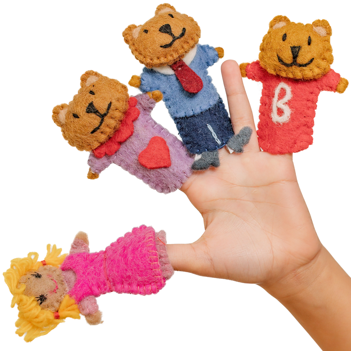 Goldilocks and the Three Bears finger puppet set from 0n white background.