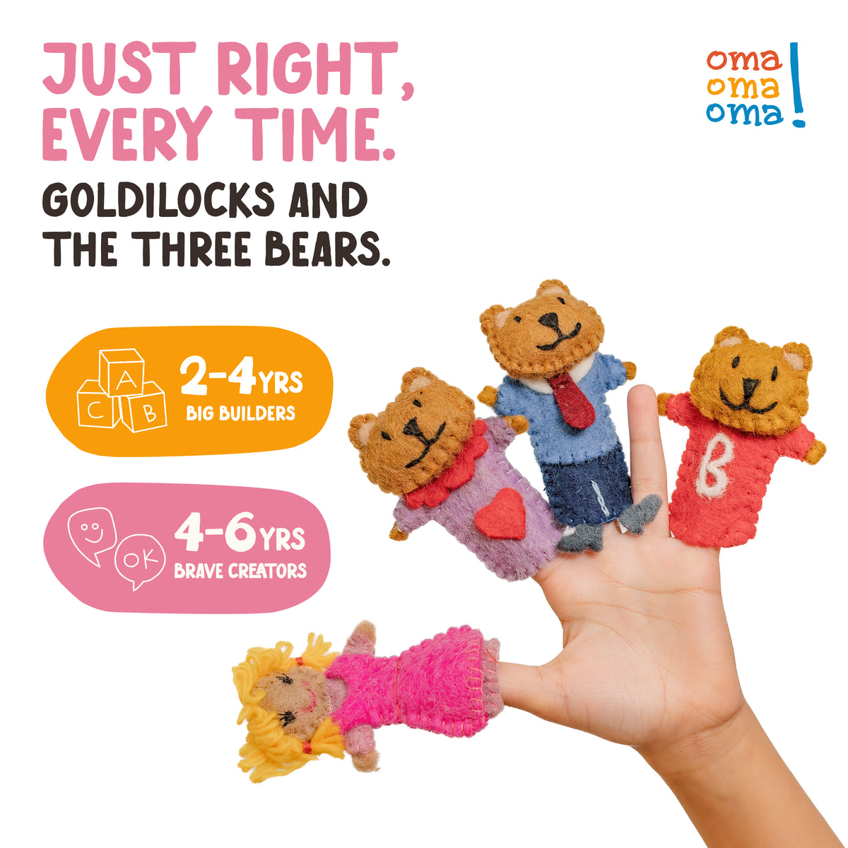 Goldilocks and the Three Bears finger puppet set from OmaOmaOma — 4 puppets in 100% New Zealand wool