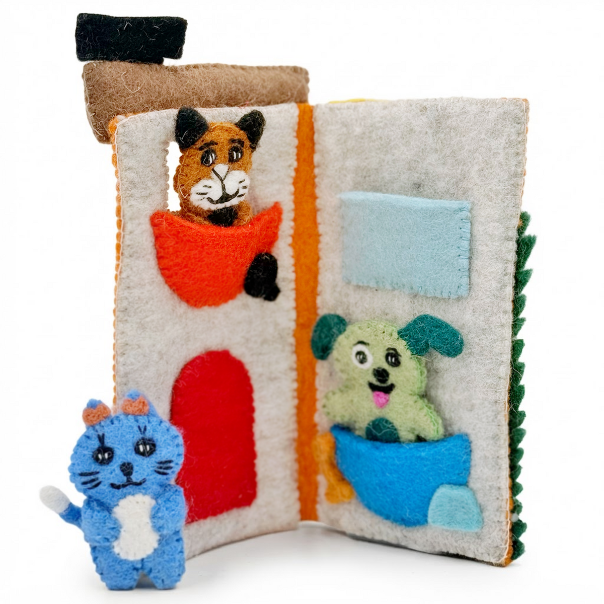Pet Pals Heartfelts — Hand-Felted Finger Puppet Set with Pet House | OmaOmaOma