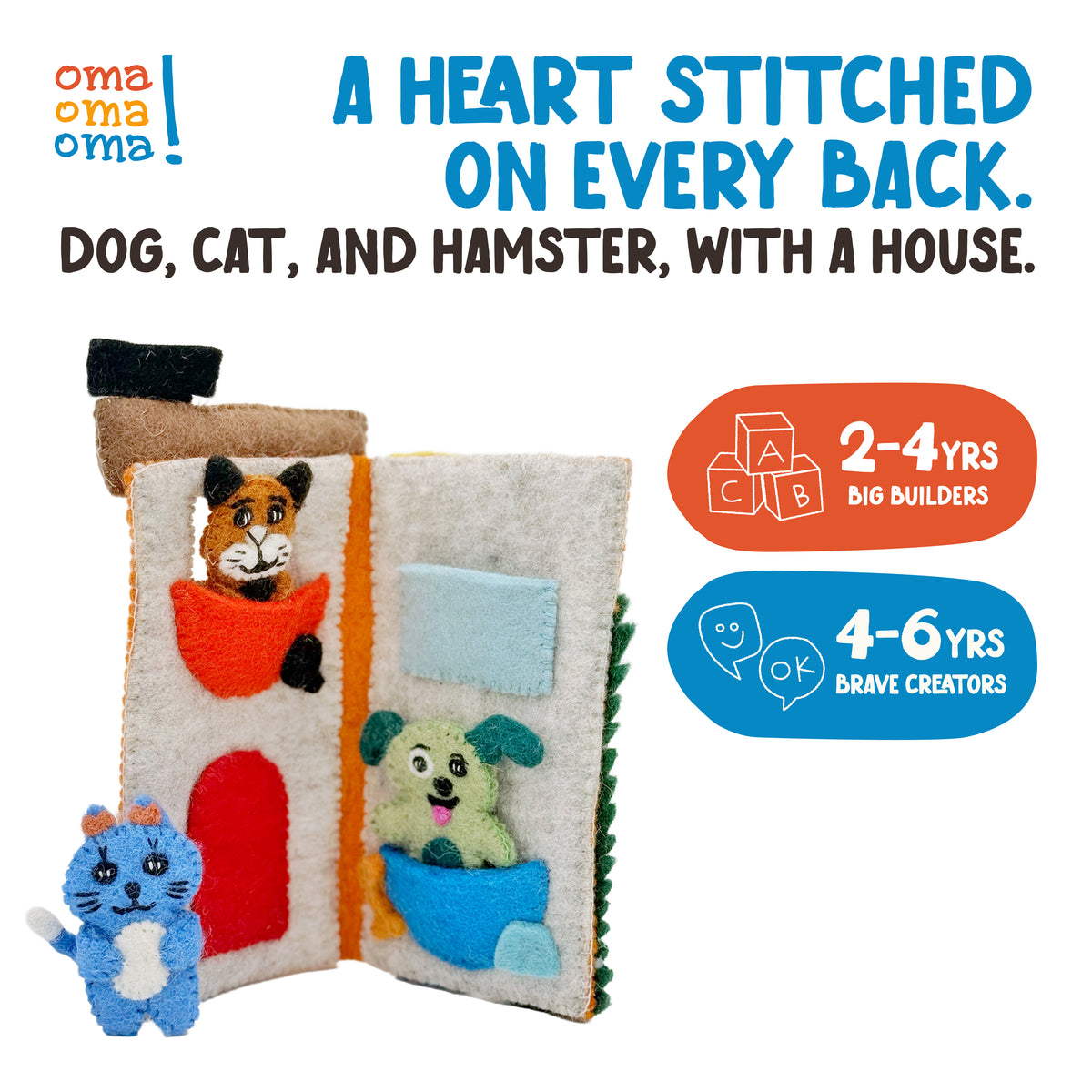 Pet Pals Heartfelts — Hand-Felted Finger Puppet Set with Pet House | OmaOmaOma