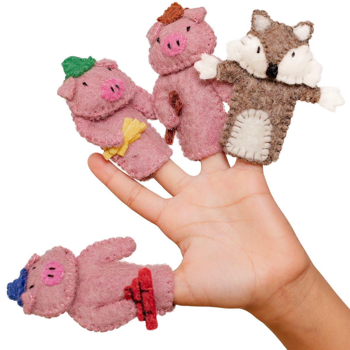 Three Little Pigs finger puppet set from OmaOmaOma on white background.