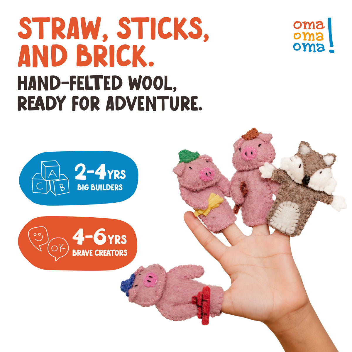 Three Little Pigs finger puppet set from OmaOmaOma — 3 pigs and wolf in hand-felted 100% New Zealand wool