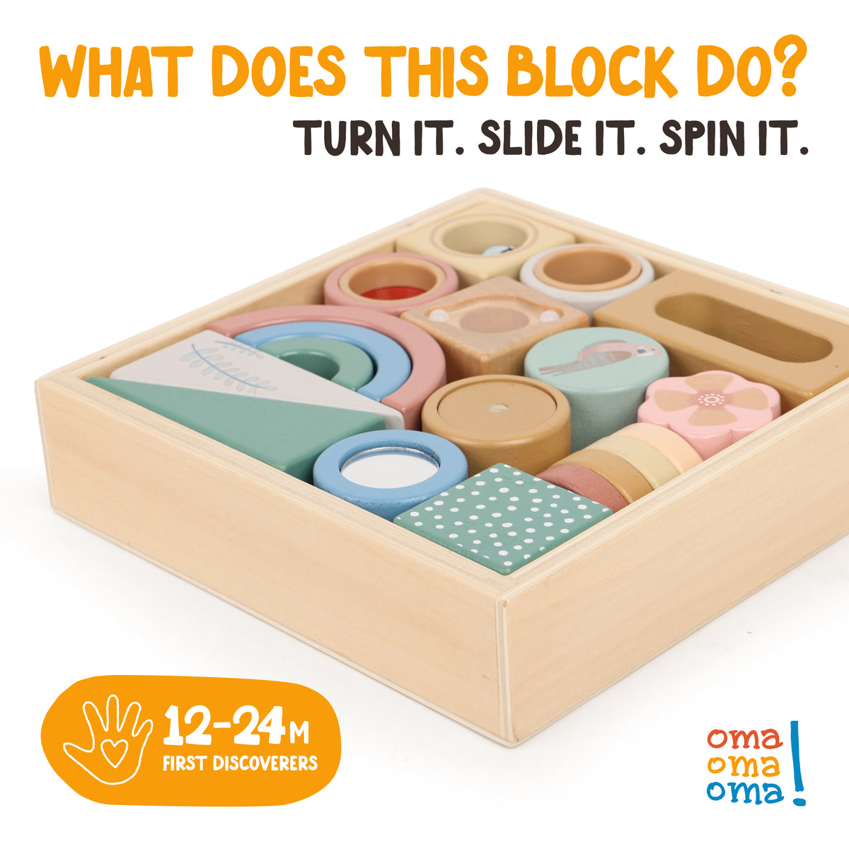 Wooden activity blocks from OmaOmaOma in FSC-certified wood — 16-piece Montessori fine-motor set for children 12m+